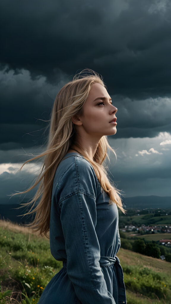 a young girl in a casual look stands on a hill and looks into the distance. Dark clouds are in the sky and create a mystical, spooky atmosphere. She has thin, long blonde hair that is blowing in the wind, upper body