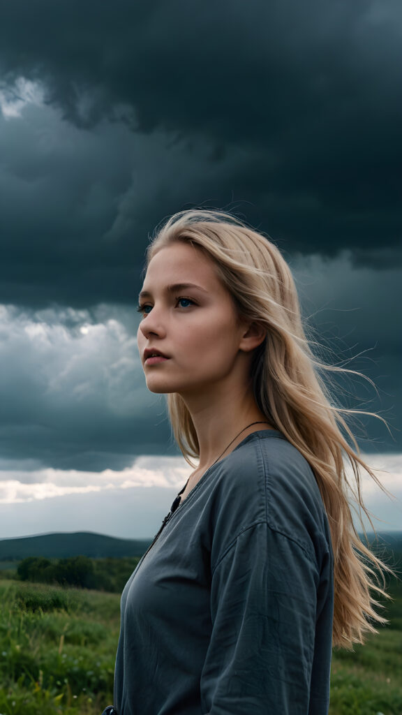 a young girl in a casual look stands on a hill and looks into the distance. Dark clouds are in the sky and create a mystical, spooky atmosphere. She has thin, long blonde hair that is blowing in the wind, upper body