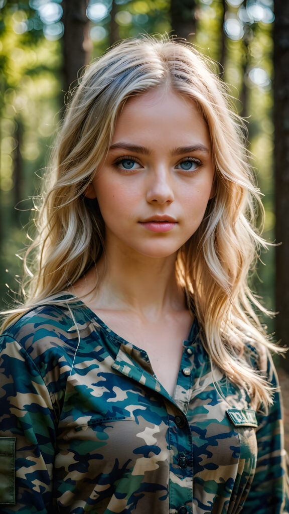 a young girl in camouflage dress, straight flowing light blonde soft hair, blue eyes, ((perfect detailed photo))