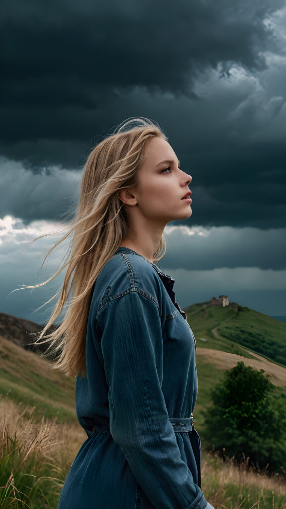 a young girl in a casual look stands on a hill and looks into the distance. Dark clouds are in the sky and create a mystical, spooky atmosphere. She has thin, long blonde hair that is blowing in the wind, upper body