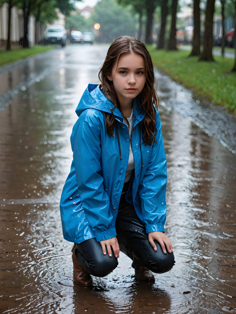 a young girl is kneeling on the wet ground in the rain. She wears a blue thin rain jacket and has brown wet hair, and she is looking for something.