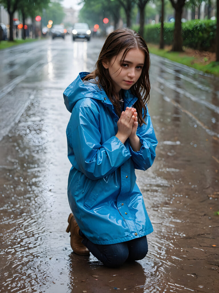 a young girl is kneeling on the wet ground in the rain. She wears a blue thin rain jacket and has brown wet hair, and she is looking for something.