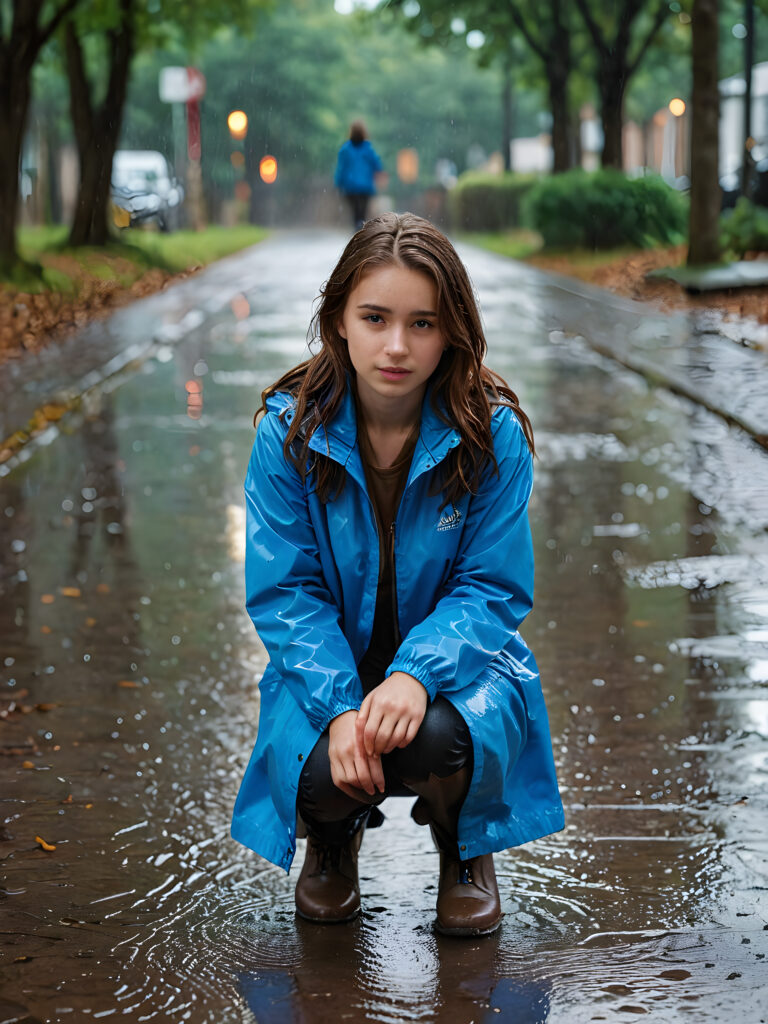 a young girl is kneeling on the wet ground in the rain. She wears a blue thin rain jacket and has brown wet hair, and she is looking for something.