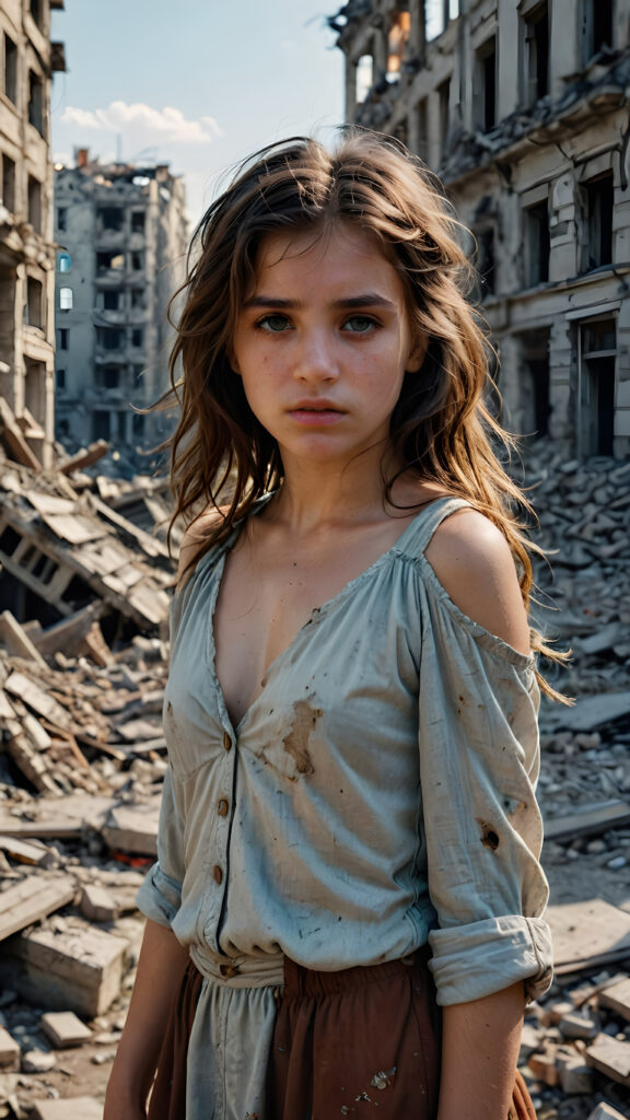 a young girl stands in a city destroyed by war. She is poor and scantily dressed. She cries. She is alone. Her hair is disheveled and dirty. She looks sadly into the camera. ((realistic, detailed photo))