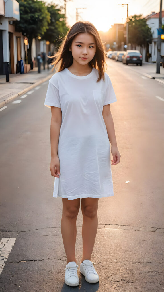 a young girl stands on an empty, wide street. She is wearing a thin and ((short white t-shirt)) and looking down the street. She has long straight soft hair, a beautiful sunset is at the end of the street