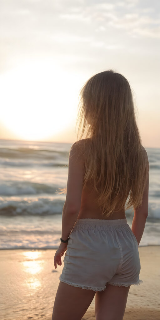 a girl stands on a lonely beach, she enjoy a beautiful sunset and the breaking waves in the background. She has very long straight soft hair, which falls over her upper body, view from the back