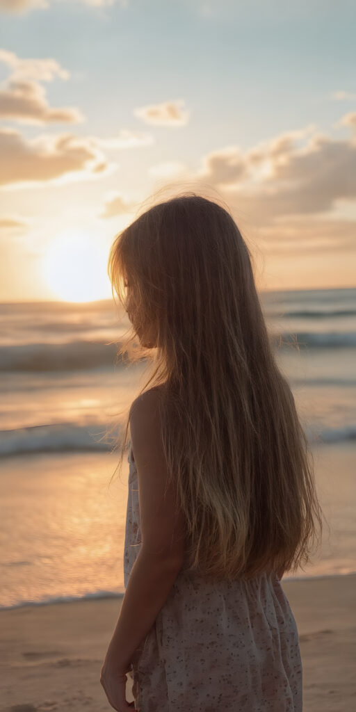 a girl stands on a lonely beach, she enjoy a beautiful sunset and the breaking waves in the background. She has very long straight soft hair, which falls over her upper body, view from the back