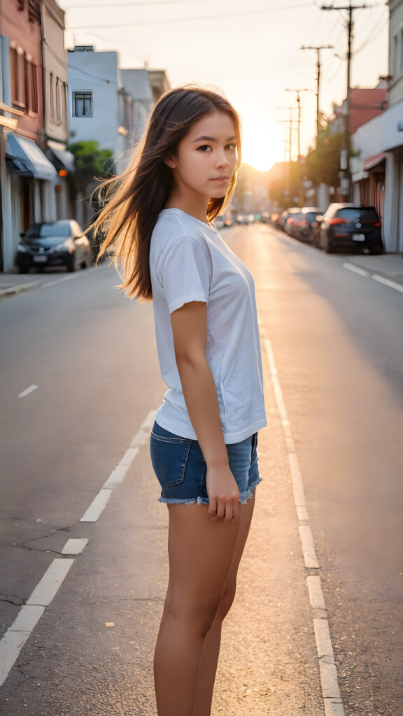 a young girl stands on an empty, wide street. She is wearing a thin and ((short white t-shirt)) and looking down the street. She has long straight soft hair, a beautiful sunset is at the end of the street