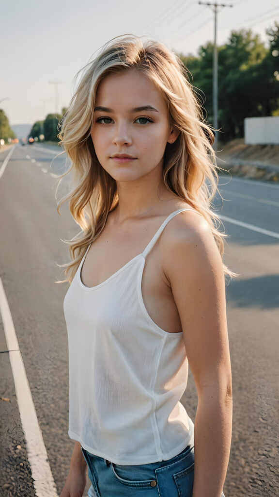 a young girl stands on an empty, wide highway, she is wearing a thin and short white tank top and looking down the street. She has long wavy soft blond hair.