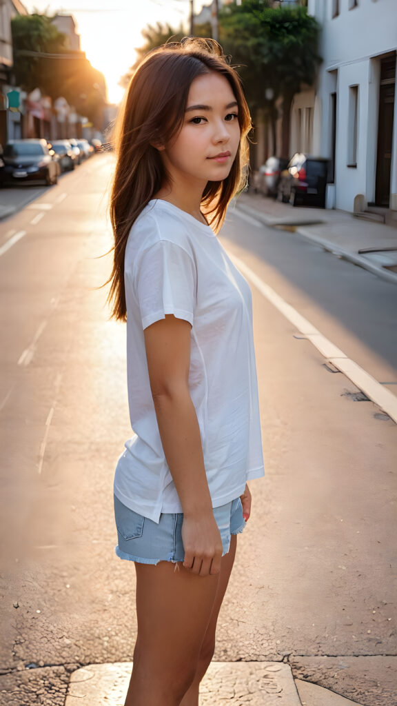 a young girl stands on an empty, wide street. She is wearing a thin and ((short white t-shirt)) and looking down the street. She has long straight soft hair, a beautiful sunset is at the end of the street