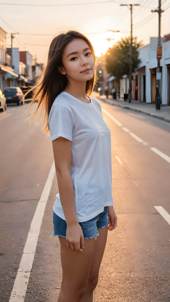 a young girl stands on an empty, wide street. She is wearing a thin and ((short white t-shirt)) and looking down the street. She has long straight soft hair, a beautiful sunset is at the end of the street