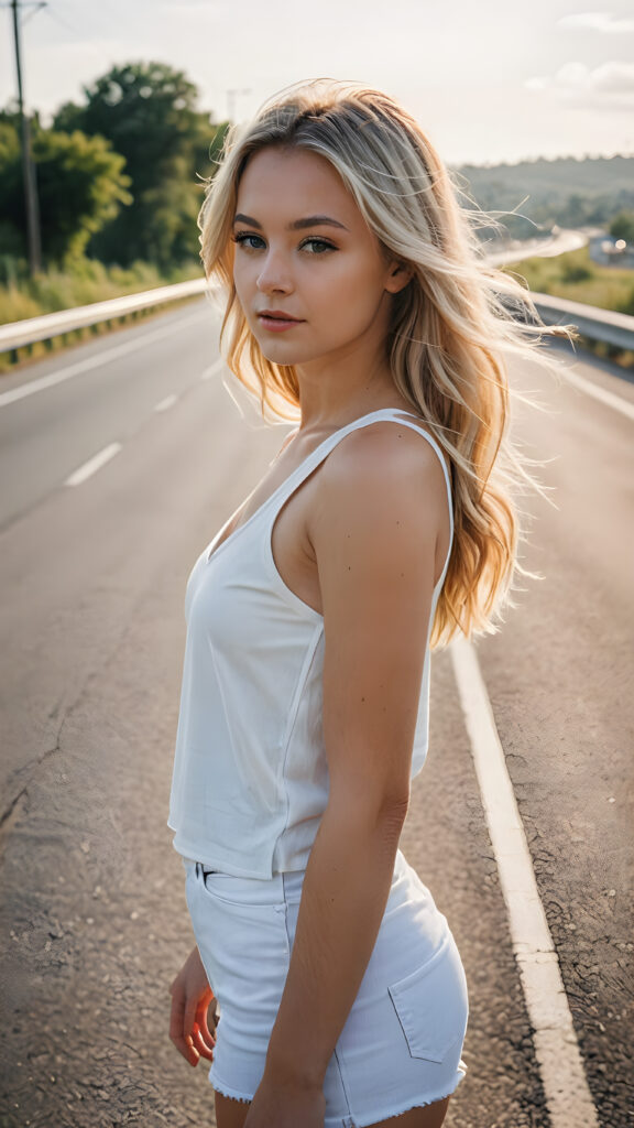 a young girl stands on an empty, wide highway, she is wearing a thin and short white tank top and looking down the street. She has long wavy soft blond hair.