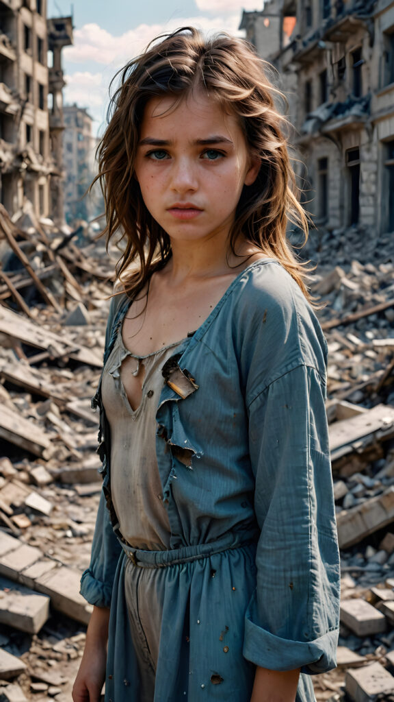 a young girl stands in a city destroyed by war. She is poor and scantily dressed. She cries. She is alone. Her hair is disheveled and dirty. She looks sadly into the camera. ((realistic, detailed photo))