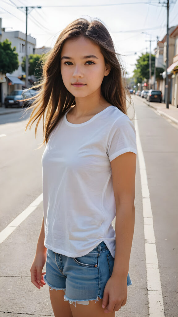 a young girl stands on an empty, wide street. She is wearing a thin and short white t-shirt and looking down the street. She has long hair.