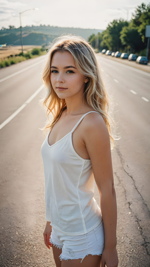 a young girl stands on an empty, wide highway, she is wearing a thin and short white tank top and looking down the street. She has long wavy soft blond hair.