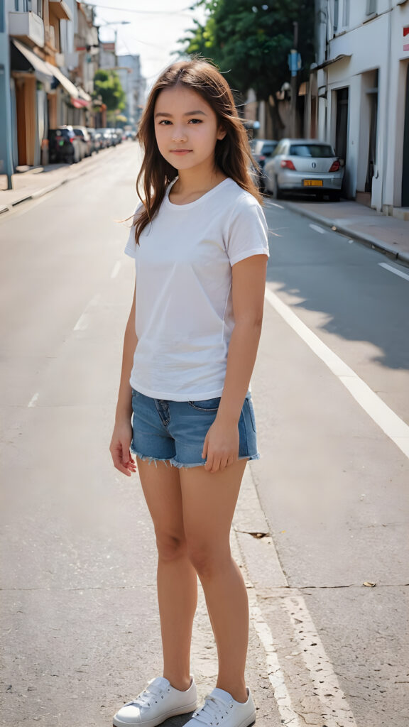 a young girl stands on an empty, wide street. She is wearing a thin and short white t-shirt and looking down the street. She has long hair.