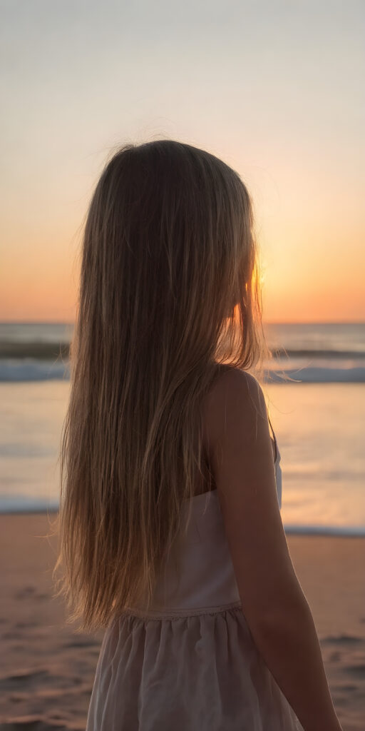 a girl stands on a lonely beach, she enjoy a beautiful sunset and the breaking waves in the background. She has very long straight soft hair, which falls over her upper body, view from the back