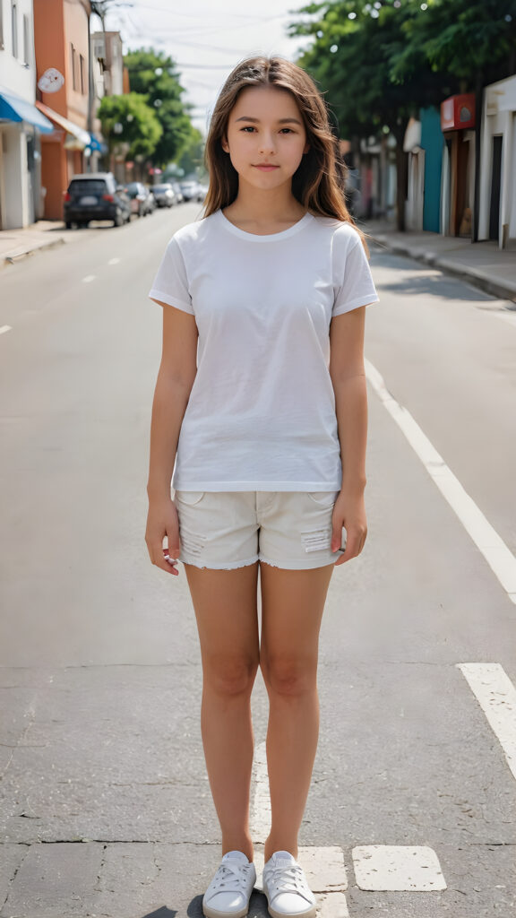 a young girl stands on an empty, wide street. She is wearing a thin and short white t-shirt and looking down the street. She has long hair.