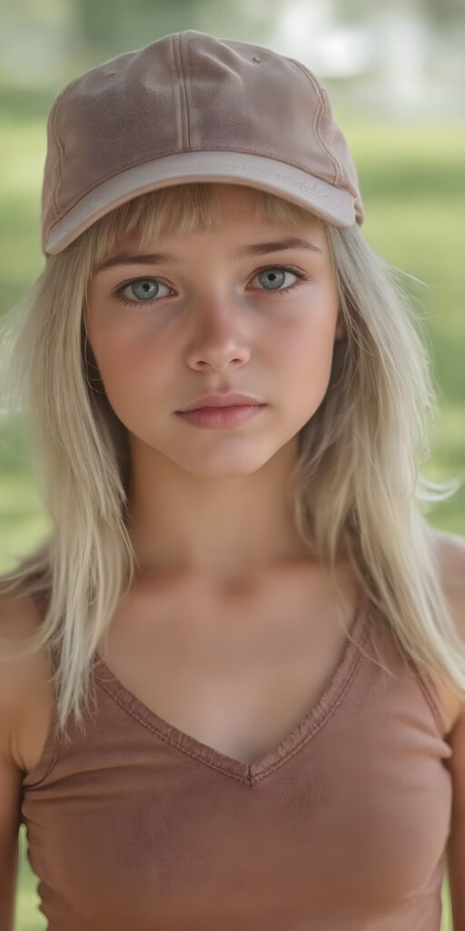 a young girl wearing a golf cap, full body shot, straight soft white hair, short cropped brown tank top, deep v-neck, fit body, detailed and realistic, sunny green background, looks seductive to viewer