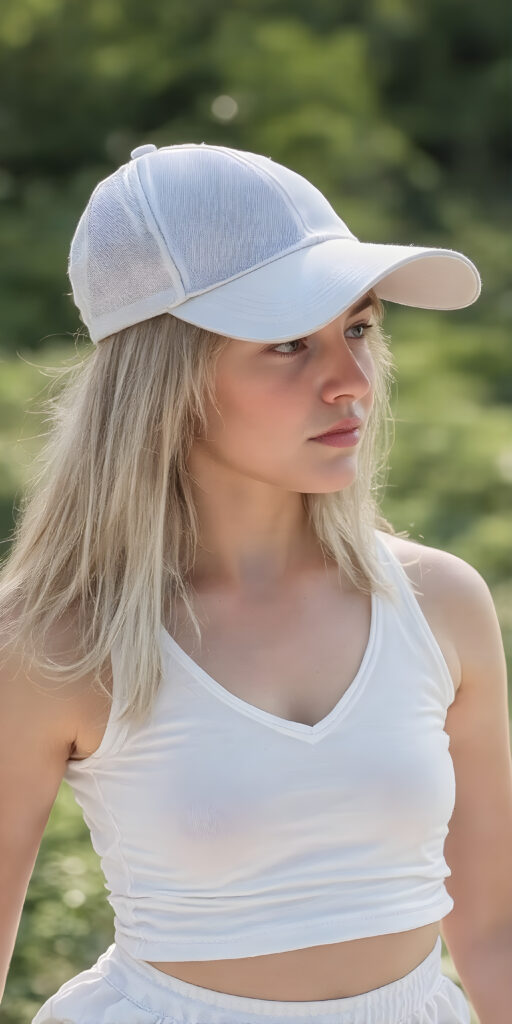 a young girl wearing a golf cap, full body shot, straight soft white hair, short cropped white tank top, deep v-neck, fit body, white round mini skirt, detailed and realistic, sunny green background