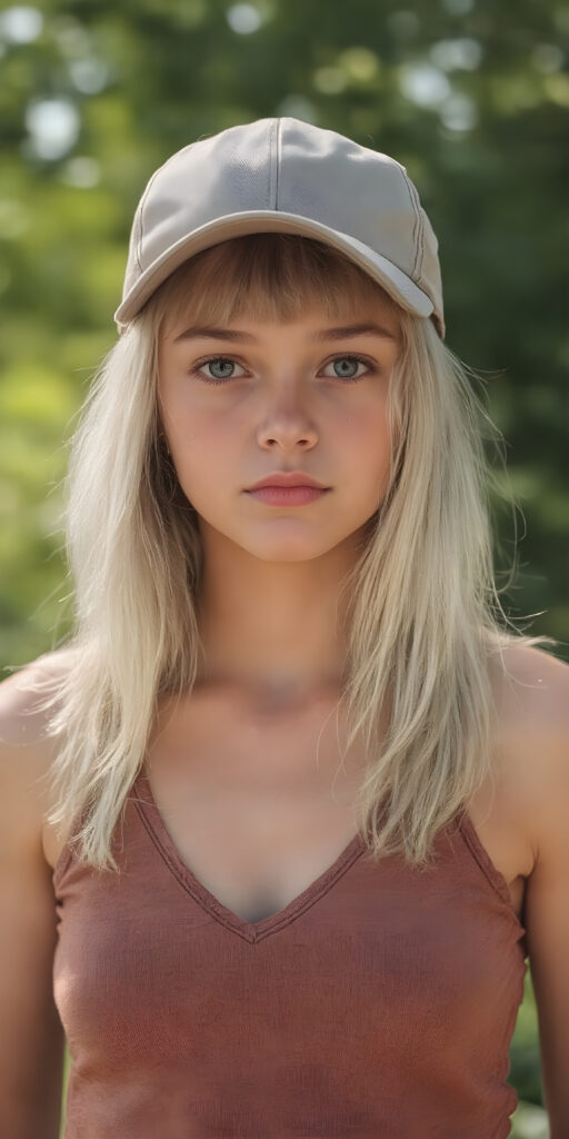 a young girl wearing a golf cap, full body shot, straight soft white hair, short cropped brown tank top, deep v-neck, fit body, detailed and realistic, sunny green background, looks seductive to viewer