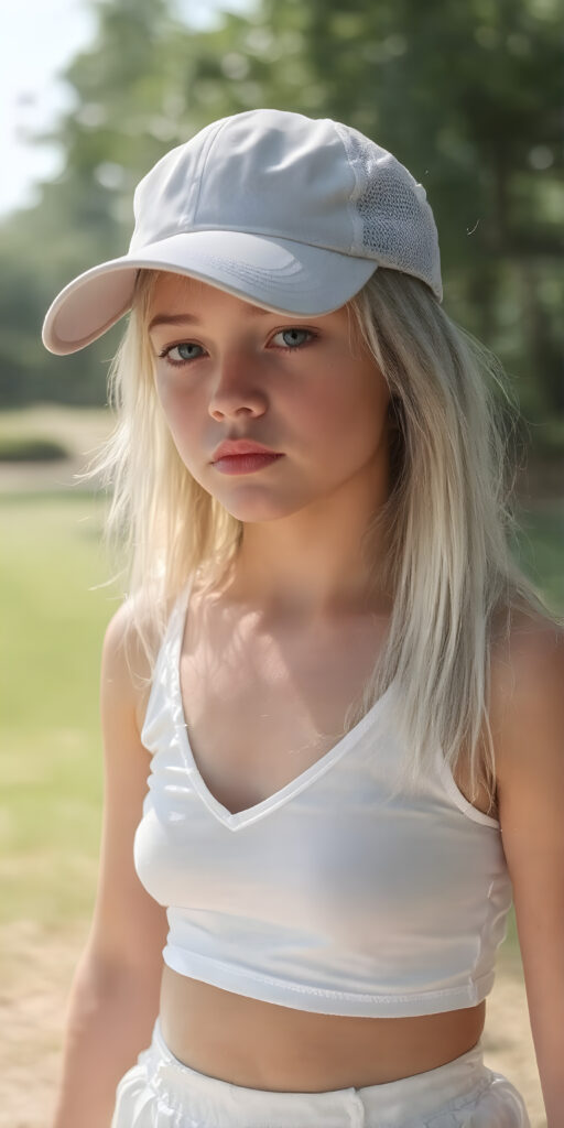 a young girl wearing a golf cap, full body shot, straight soft white hair, short cropped white tank top, deep v-neck, fit body, white round mini skirt, detailed and realistic, sunny green background