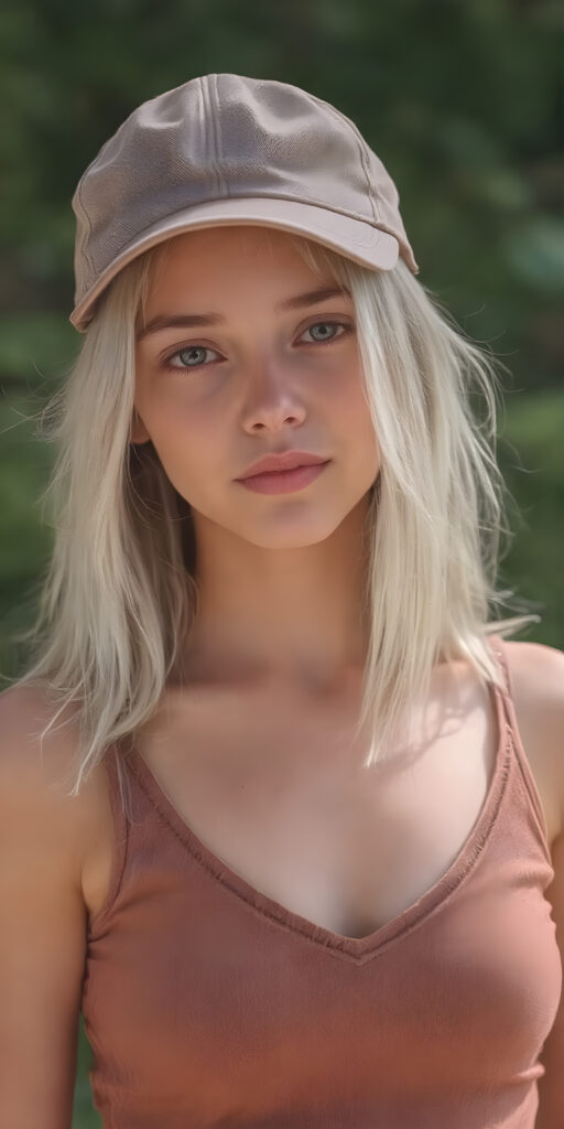 a young girl wearing a golf cap, full body shot, straight soft white hair, short cropped brown tank top, deep v-neck, fit body, detailed and realistic, sunny green background, looks seductive to viewer