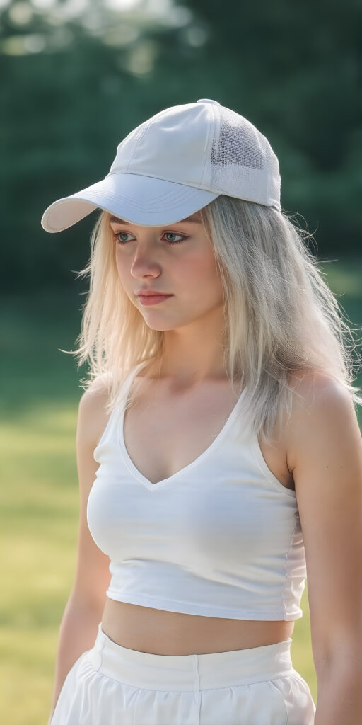 a young girl wearing a golf cap, full body shot, straight soft white hair, short cropped white tank top, deep v-neck, fit body, white round mini skirt, detailed and realistic, sunny green background