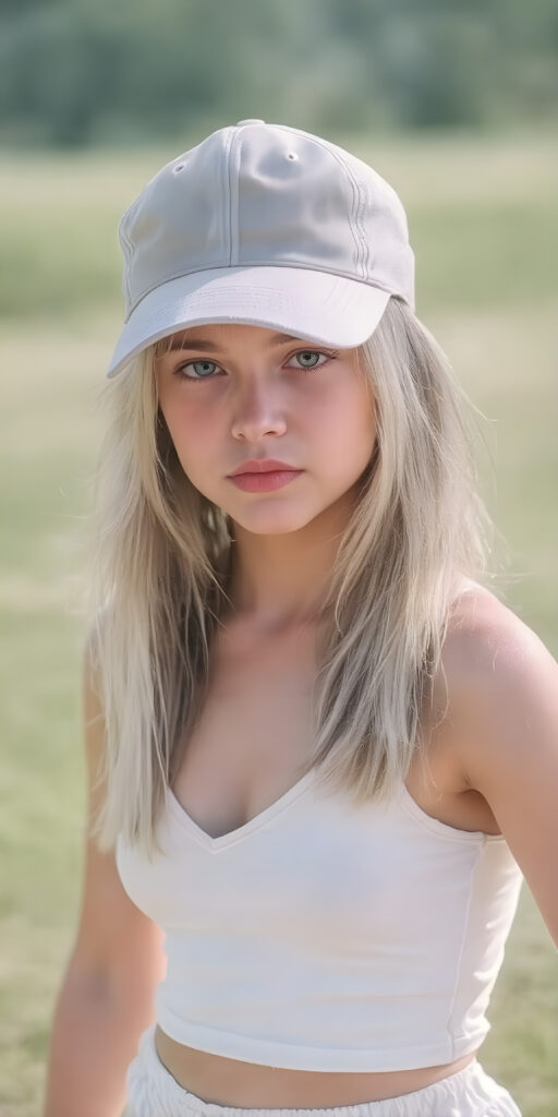 a young girl wearing a golf cap, full body shot, straight soft white hair, short cropped white tank top, deep v-neck, fit body, white round mini skirt, detailed and realistic, sunny green background