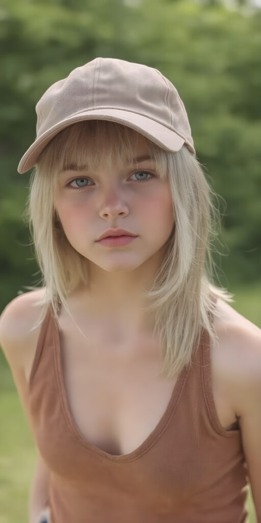 a young girl wearing a golf cap, full body shot, straight soft white hair, short cropped brown tank top, deep v-neck, fit body, detailed and realistic, sunny green background, looks seductive to viewer