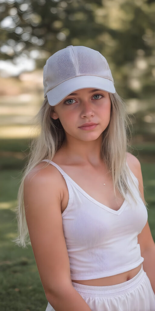 a young girl wearing a golf cap, full body shot, straight soft white hair, short cropped white tank top, deep v-neck, fit body, white round mini skirt, detailed and realistic, sunny green background