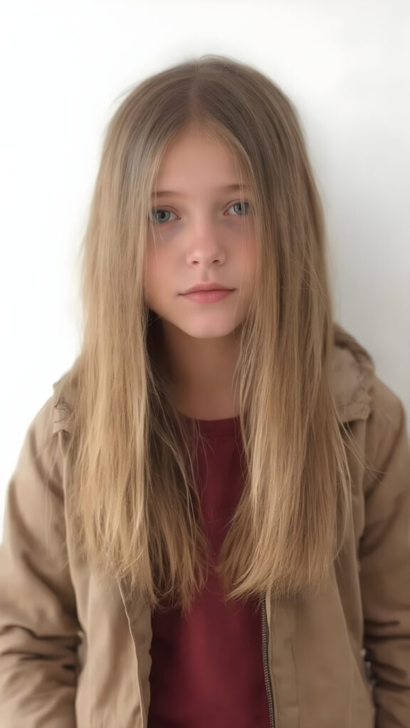 a young girl wears a jacket, the jacket is open, underneath she wears a t-shirt, she has long, straight hair