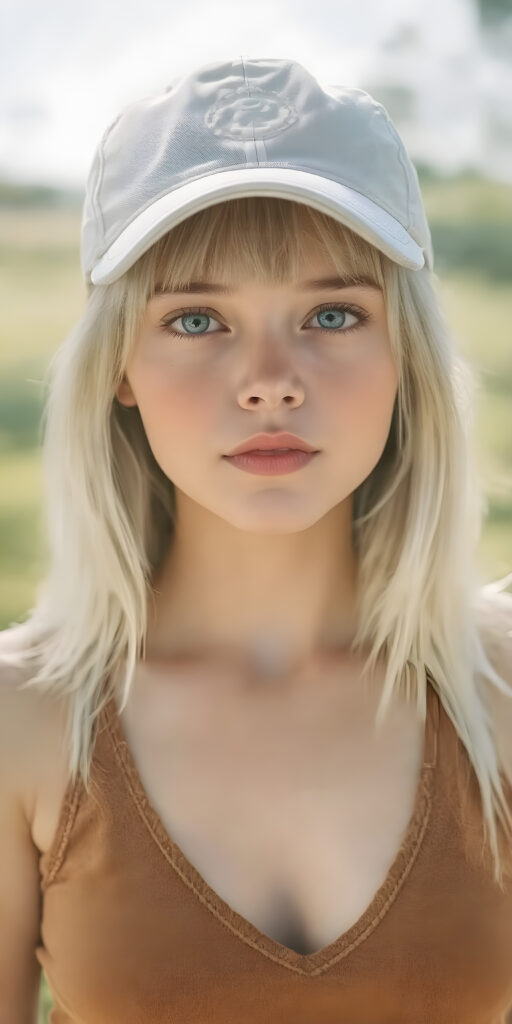 a young girl wearing a golf cap, full body shot, straight soft white hair, short cropped brown tank top, deep v-neck, fit body, detailed and realistic, sunny green background, looks seductive to viewer