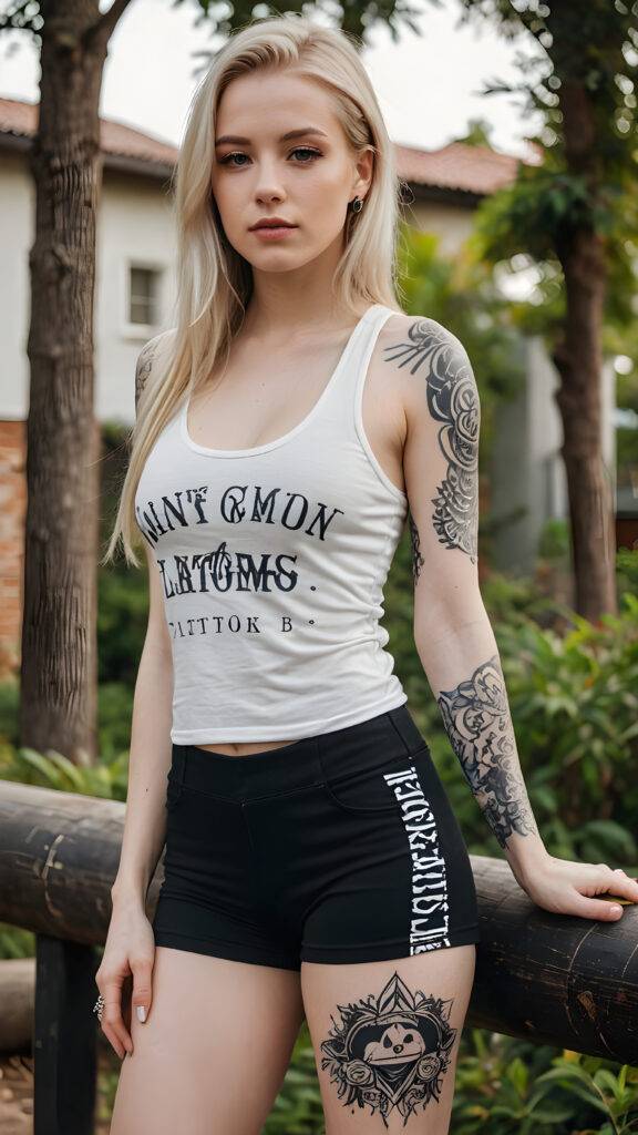 a young well busty girl with ((very long)) straight blond hair, ((pale)) skin with (white and black tattoos), her lips are (stunningly beautiful) and she is wearing a (short cotton tank top with a deep v-neck and short leggins), ((full body)) ((stunning)) ((gorgeous))