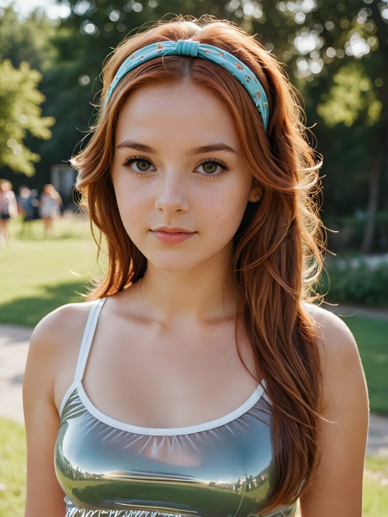 a young girlie with long auburn hair in a plastic headband, super short tank top