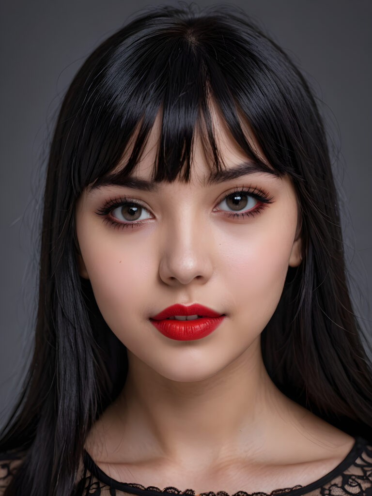 a young goth teen girl, 13 years old, flawless skin, ((stunning)) ((gorgeous)) ((detailed close-up portrait)) ((straight black hair in bangs cut)) ((dark eyes)) ((angelic round face)), ((grey background)), warm smile, white teeth, ((full red lips))