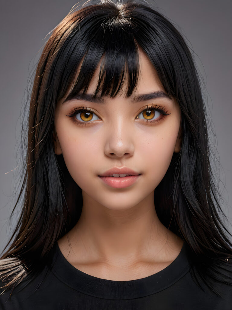 a young goth teen girl, 13 years old, flawless skin, black t-shirt, ((stunning)) ((gorgeous)) ((detailed close-up portrait)) ((straight black hair in bangs cut)) ((amber eyes)) ((angelic round face)), ((grey background)), warm smile, white teeth, ((full lips))