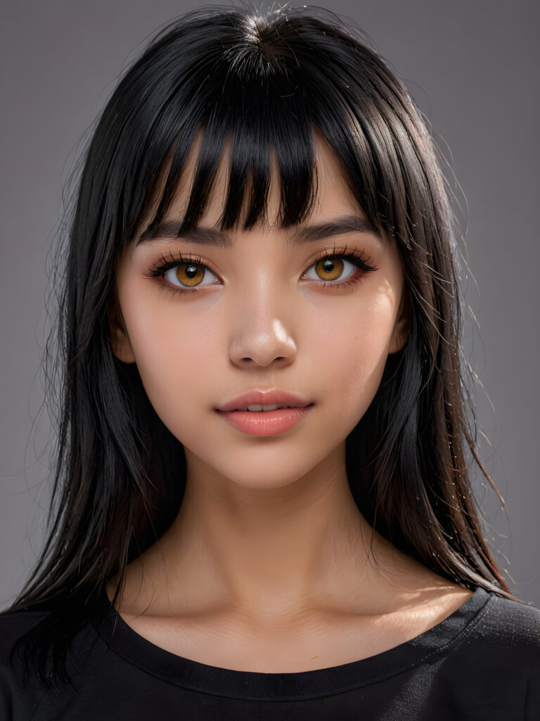 a young goth teen girl, 13 years old, flawless skin, black t-shirt, ((stunning)) ((gorgeous)) ((detailed close-up portrait)) ((straight black hair in bangs cut)) ((amber eyes)) ((angelic round face)), ((grey background)), warm smile, white teeth, ((full lips))