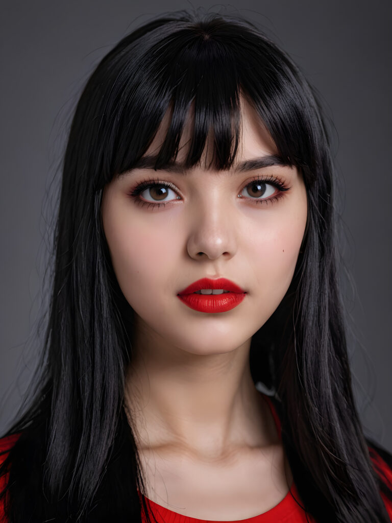 a young goth teen girl, 13 years old, flawless skin, ((stunning)) ((gorgeous)) ((detailed close-up portrait)) ((straight black hair in bangs cut)) ((dark eyes)) ((angelic round face)), ((grey background)), warm smile, white teeth, ((full red lips))