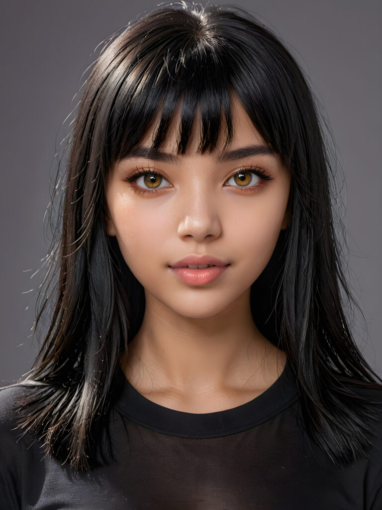 a young goth teen girl, 13 years old, flawless skin, black t-shirt, ((stunning)) ((gorgeous)) ((detailed close-up portrait)) ((straight black hair in bangs cut)) ((amber eyes)) ((angelic round face)), ((grey background)), warm smile, white teeth, ((full lips))