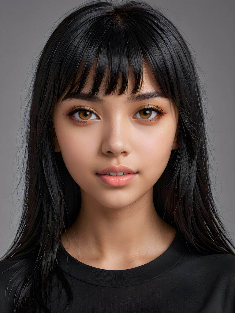 a young goth teen girl, 13 years old, flawless skin, black t-shirt, ((stunning)) ((gorgeous)) ((detailed close-up portrait)) ((straight black hair in bangs cut)) ((amber eyes)) ((angelic round face)), ((grey background)), warm smile, white teeth, ((full lips))