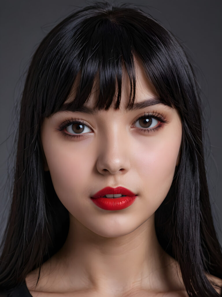 a young goth teen girl, 13 years old, flawless skin, ((stunning)) ((gorgeous)) ((detailed close-up portrait)) ((straight black hair in bangs cut)) ((dark eyes)) ((angelic round face)), ((grey background)), warm smile, white teeth, ((full red lips))