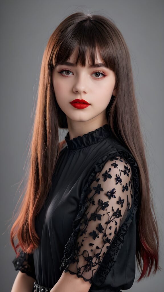 a young gothic teen girl, 13 years old, flawless skin, ((stunning)) ((gorgeous)) ((detailed full body portrait)) ((straight hair in bangs cut)) ((angelic round face)), ((grey background)), ((full red lips))