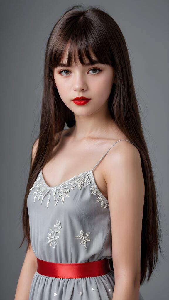 a young gothic teen girl, 13 years old, flawless skin, ((stunning)) ((gorgeous)) ((detailed full body portrait)) ((straight hair in bangs cut)) ((angelic round face)), ((grey background)), ((full red lips))