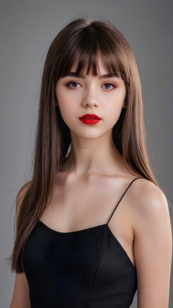 a young gothic teen girl, 13 years old, flawless skin, ((stunning)) ((gorgeous)) ((detailed full body portrait)) ((straight hair in bangs cut)) ((angelic round face)), ((grey background)), ((full red lips))