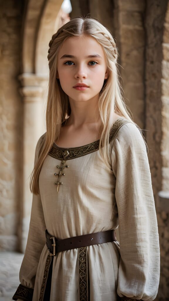 a young medieval teen girl, lightly dressed, 13 years old, blond straight hair, flawless skin, ((stunning)) ((gorgeous)) ((detailed full body portrait)), ((empty background)), ((full lips))