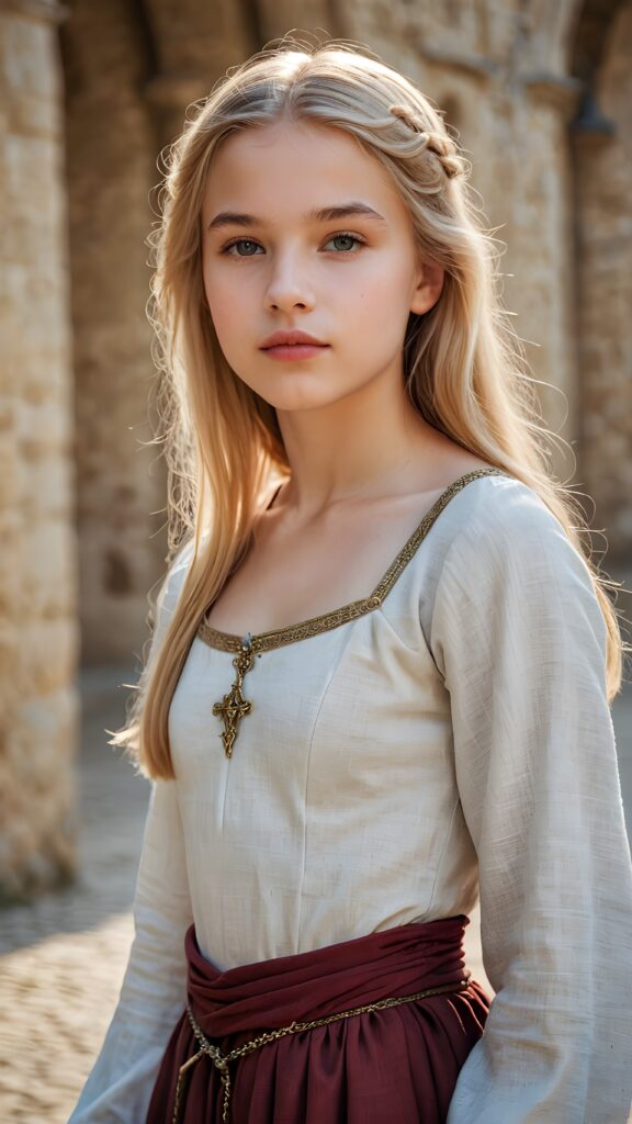 a young medieval teen girl, lightly dressed, 13 years old, blond straight hair, flawless skin, ((stunning)) ((gorgeous)) ((detailed full body portrait)), ((empty background)), ((full lips))