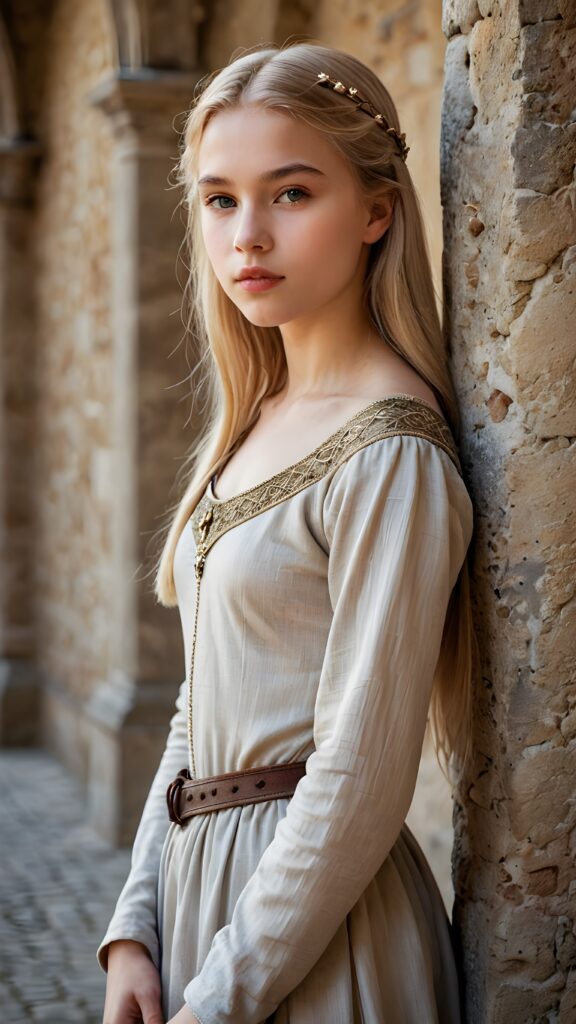 a young medieval teen girl, lightly dressed, 13 years old, blond straight hair, flawless skin, ((stunning)) ((gorgeous)) ((detailed full body portrait)), ((empty background)), ((full lips))