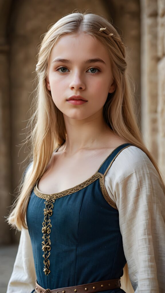 a young medieval teen girl, lightly dressed, 13 years old, blond straight hair, flawless skin, ((stunning)) ((gorgeous)) ((detailed full body portrait)), ((empty background)), ((full lips))