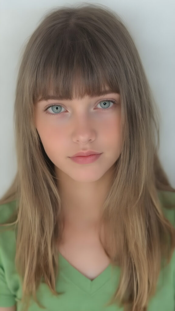 a young perfect girl, dressed in green light t-shirt deep v-neck, with ((long straight soft perfect hair, bangs)), flawless, gentle perfect round face, green perfect eyes, perfect full lips